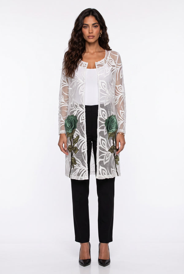 Rose Appliqué Detailed Mesh Detail Jacket Ecru Green