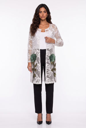 Rose Appliqué Detailed Mesh Detail Jacket Ecru Green
