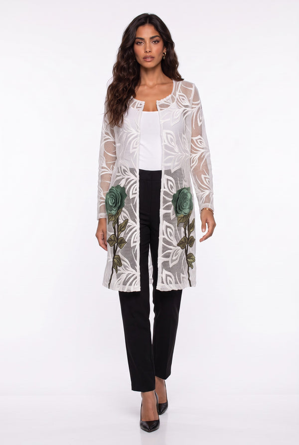 Rose Appliqué Detailed Mesh Detail Jacket Ecru Green