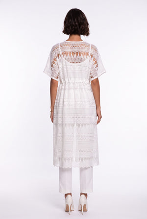 Ecru Long Coat with Lace Detail and Gathered Waist