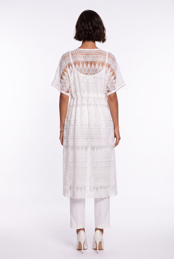 Ecru Long Coat with Lace Detail and Gathered Waist