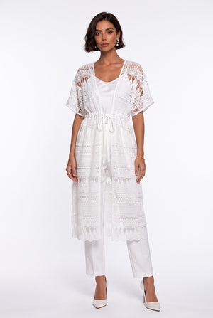 Ecru Long Coat with Lace Detail and Gathered Waist