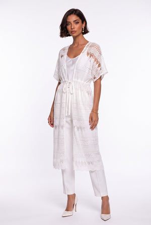Ecru Long Coat with Lace Detail and Gathered Waist