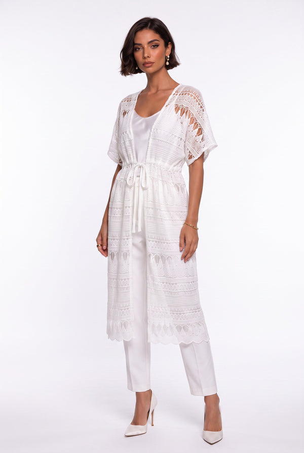 Ecru Long Coat with Lace Detail and Gathered Waist