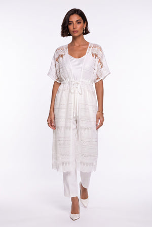 Ecru Long Coat with Lace Detail and Gathered Waist