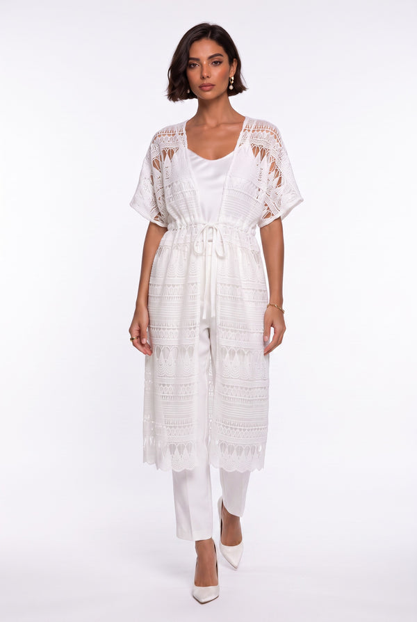 Ecru Long Coat with Lace Detail and Gathered Waist