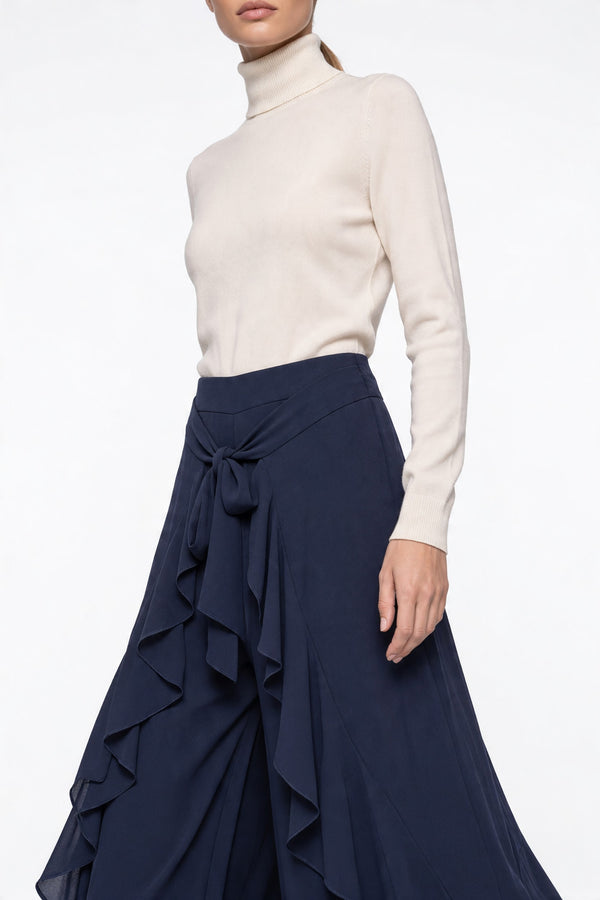 Kuşaklı Fırfırlı Şifon Uzun Etek Lacivert