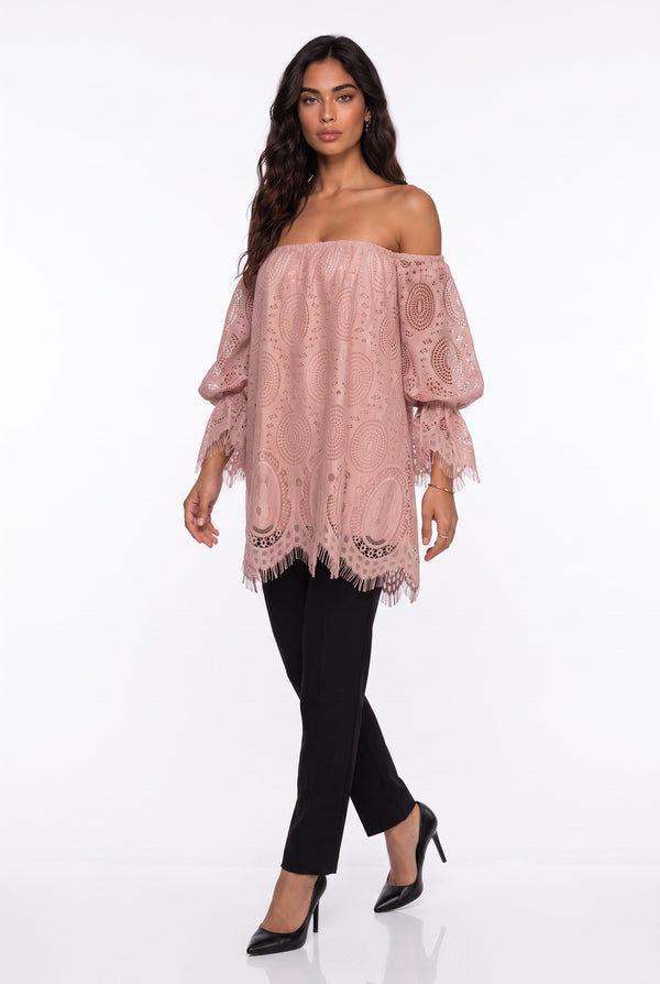 Spanish Sleeve Off-Shoulder Lace Blouse Powder