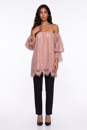 Spanish Sleeve Off-Shoulder Lace Blouse Powder