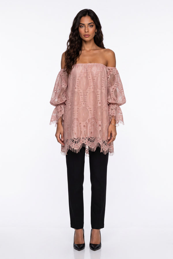 Spanish Sleeve Off-Shoulder Lace Blouse Powder