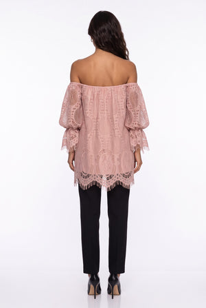 Spanish Sleeve Off-Shoulder Lace Blouse Powder