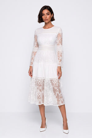 Crew Neck Lace Detail Midi Dress Ecru