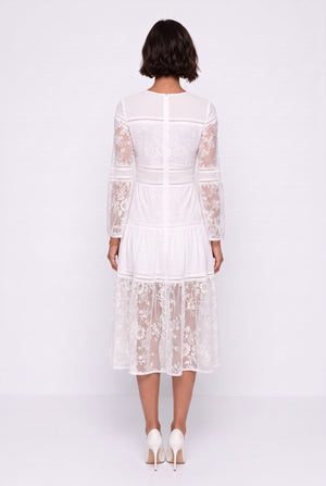 Crew Neck Lace Detail Midi Dress Ecru