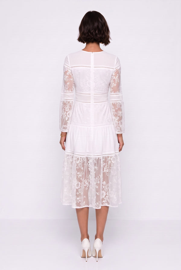Crew Neck Lace Detail Midi Dress Ecru