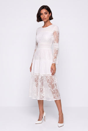 Crew Neck Lace Detail Midi Dress Ecru