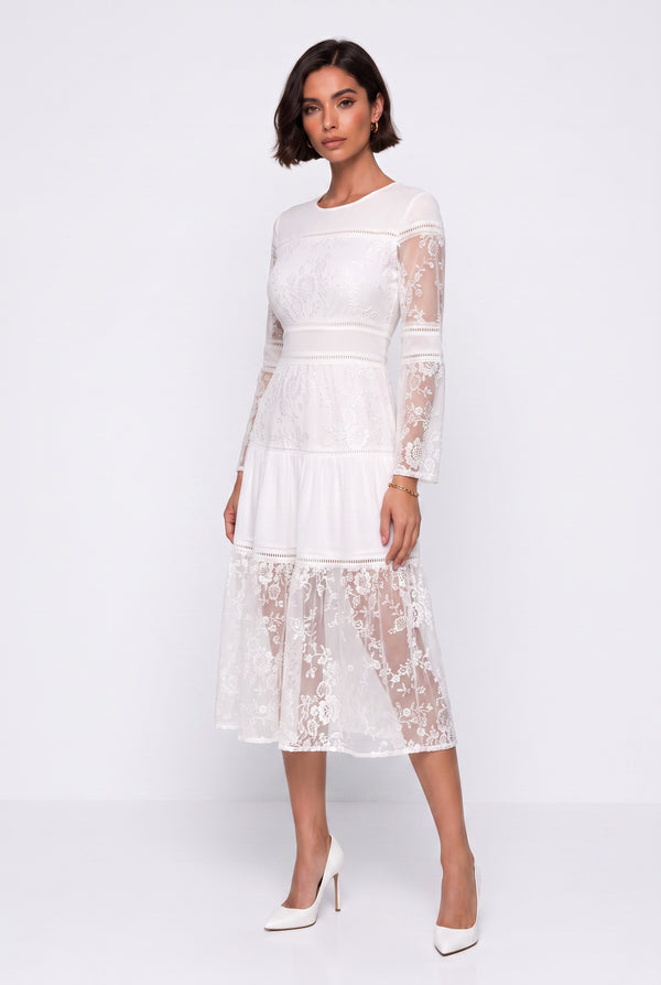 Crew Neck Lace Detail Midi Dress Ecru