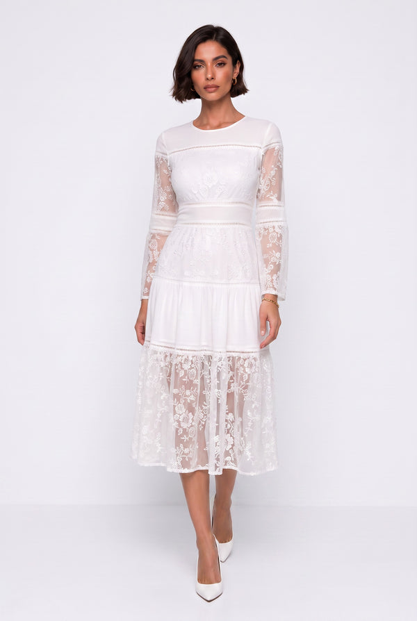Crew Neck Lace Detail Midi Dress Ecru