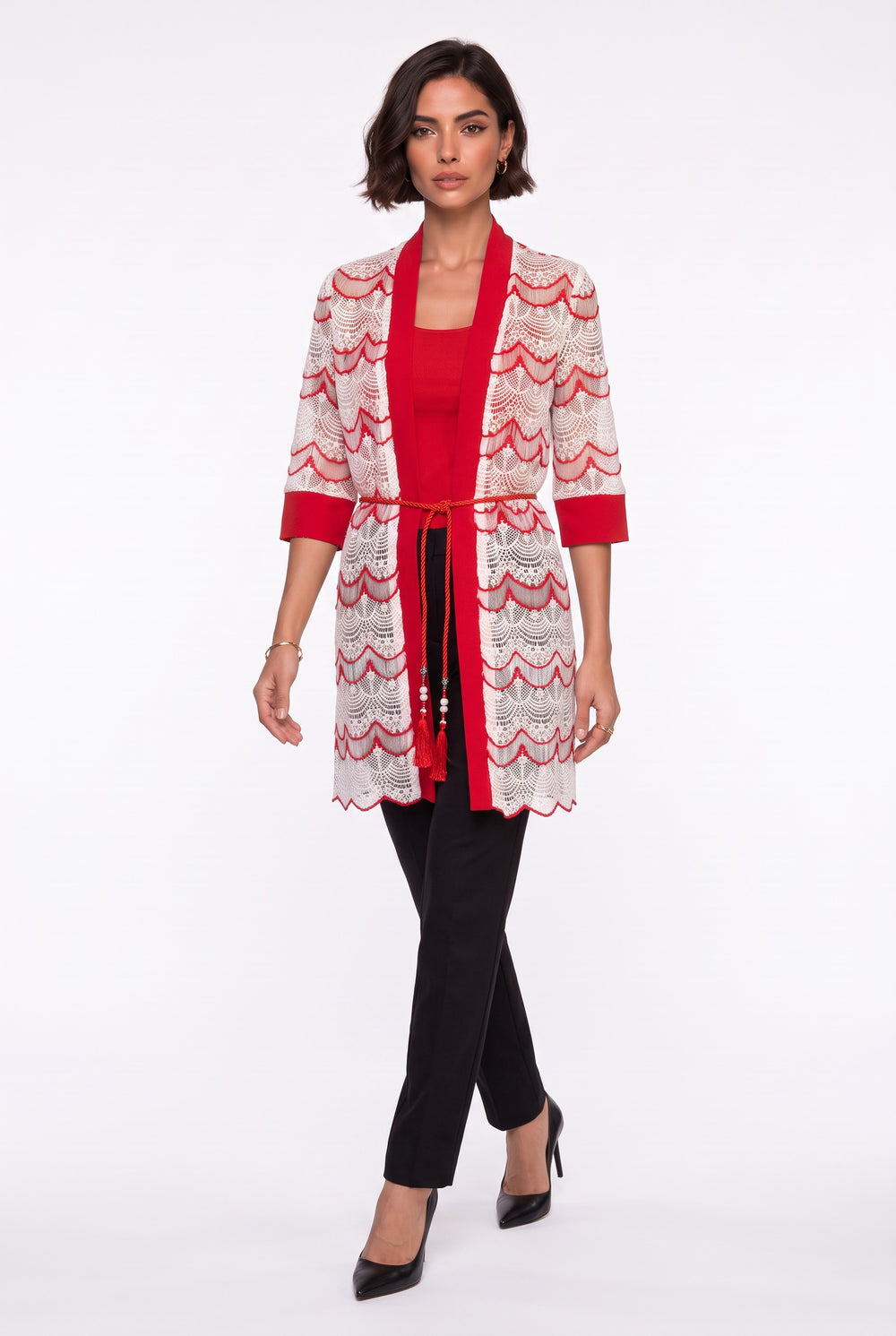 Shawl Collar Tassel Detailed Lace Jacket Ecru Red