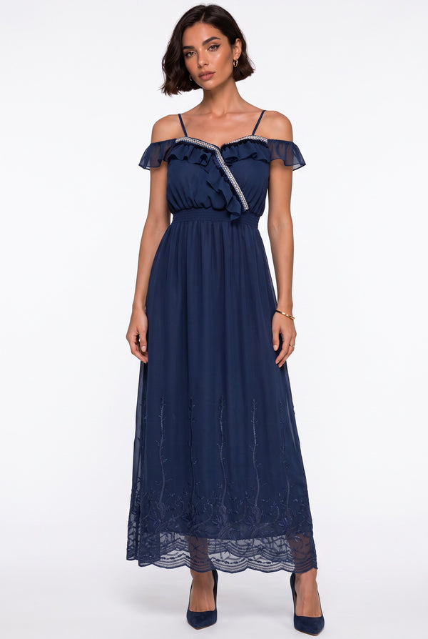 Navy Blue Spaghetti Strap Off-Shoulder Ruffled Long Dress with Embroidered Hem