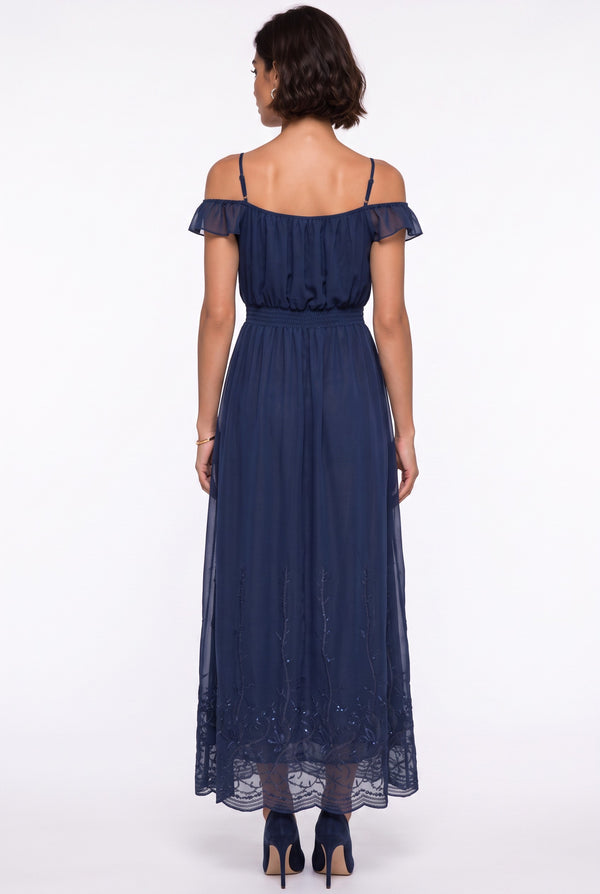 Navy Blue Spaghetti Strap Off-Shoulder Ruffled Long Dress with Embroidered Hem