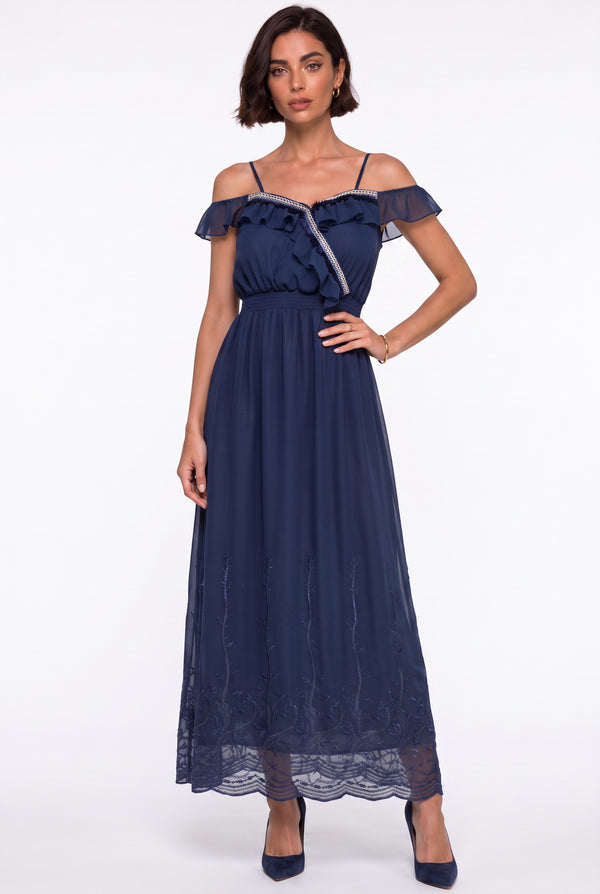 Navy Blue Spaghetti Strap Off-Shoulder Ruffled Long Dress with Embroidered Hem