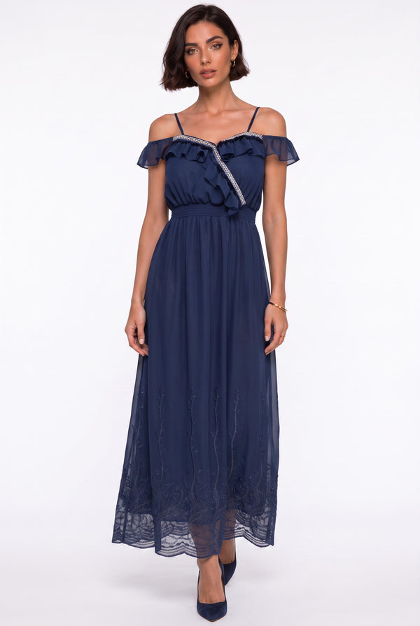 Navy Blue Spaghetti Strap Off-Shoulder Ruffled Long Dress with Embroidered Hem