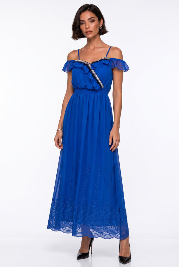 Strappy Off-Shoulder Ruffled Long Dress with Embroidered Hem Royal Blue