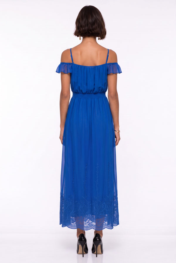 Strappy Off-Shoulder Ruffled Long Dress with Embroidered Hem Royal Blue