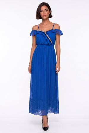 Strappy Off-Shoulder Ruffled Long Dress with Embroidered Hem Royal Blue