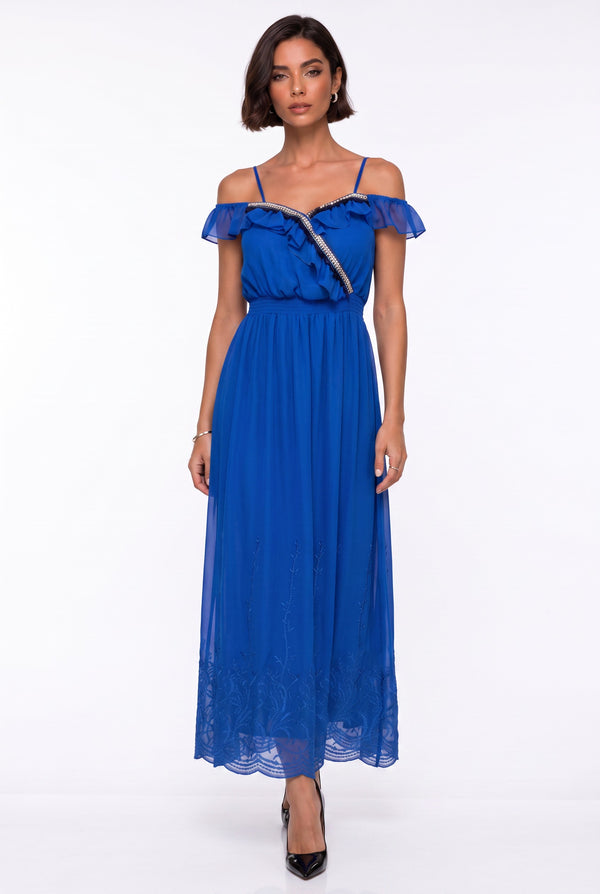 Strappy Off-Shoulder Ruffled Long Dress with Embroidered Hem Royal Blue