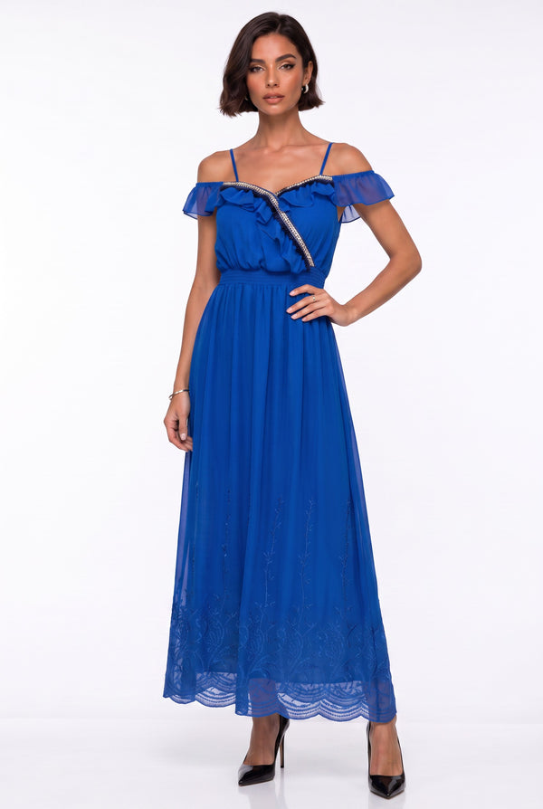 Strappy Off-Shoulder Ruffled Long Dress with Embroidered Hem Royal Blue