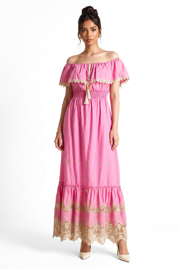 Off-Shoulder Ruffle and Tassel Detailed Lace Embroidered Maxi Dress Fuchsia