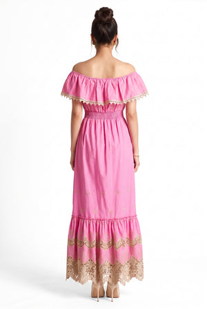 Off-Shoulder Ruffle and Tassel Detailed Lace Embroidered Maxi Dress Fuchsia
