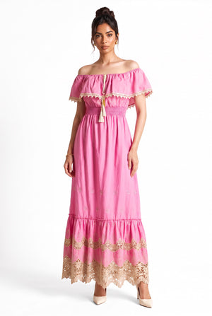 Off-Shoulder Ruffle and Tassel Detailed Lace Embroidered Maxi Dress Fuchsia