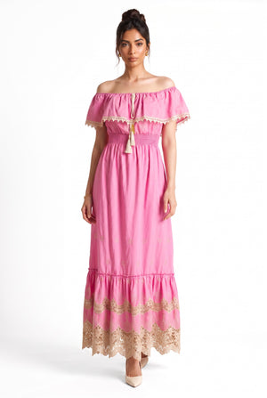 Off-Shoulder Ruffle and Tassel Detailed Lace Embroidered Maxi Dress Fuchsia