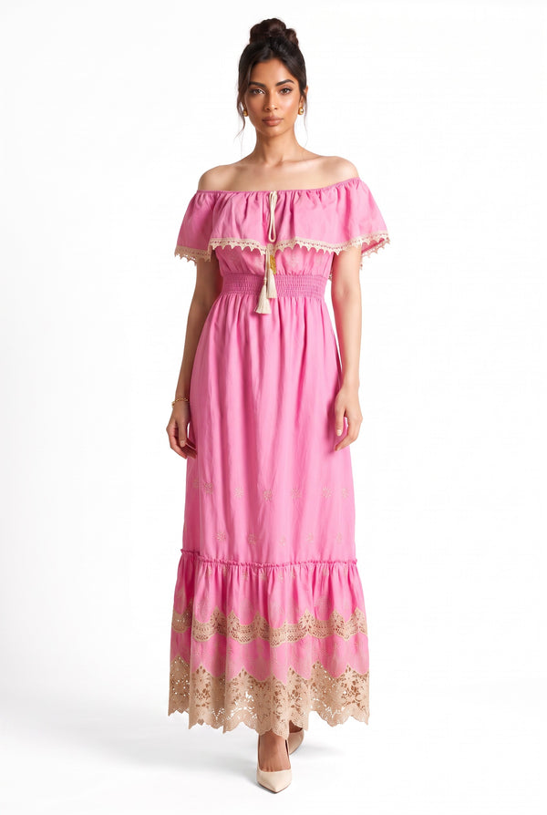 Off-Shoulder Ruffle and Tassel Detailed Lace Embroidered Maxi Dress Fuchsia