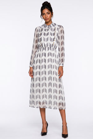 Collared Patterned Button-Detail Long Sleeve Midi Dress Ecru