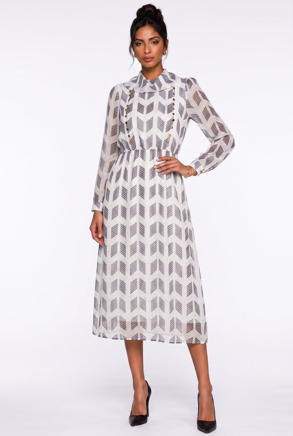 Collared Patterned Button-Detail Long Sleeve Midi Dress Ecru