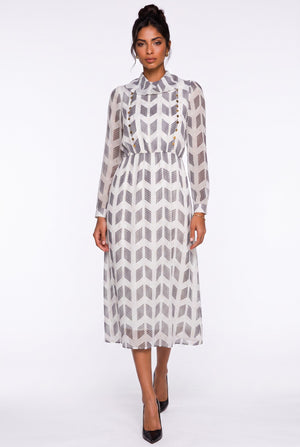 Collared Patterned Button-Detail Long Sleeve Midi Dress Ecru