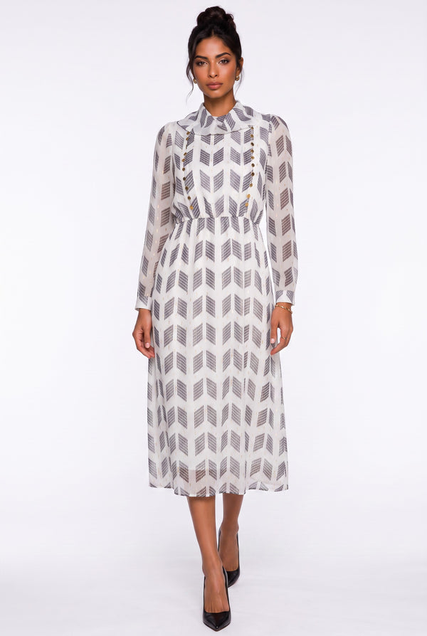 Collared Patterned Button-Detail Long Sleeve Midi Dress Ecru
