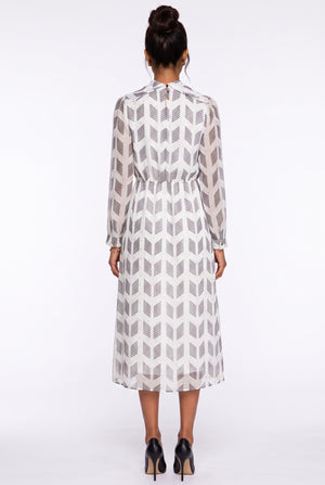 Collared Patterned Button-Detail Long Sleeve Midi Dress Ecru