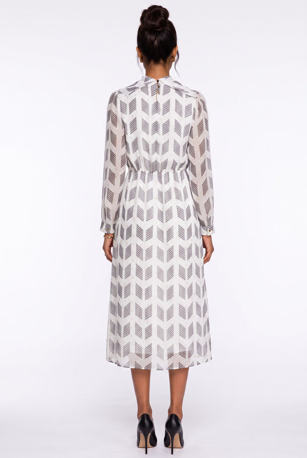 Collared Patterned Button-Detail Long Sleeve Midi Dress Ecru