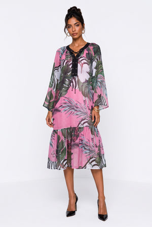 Lace-Up Neck Tropical Print Ruffle Hem Midi Dress Fuchsia
