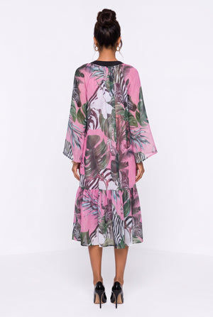 Lace-Up Neck Tropical Print Ruffle Hem Midi Dress Fuchsia