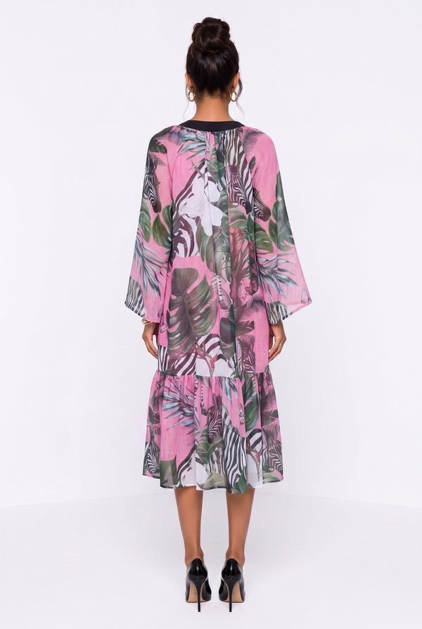 Lace-Up Neck Tropical Print Ruffle Hem Midi Dress Fuchsia