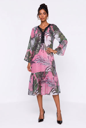 Lace-Up Neck Tropical Print Ruffle Hem Midi Dress Fuchsia