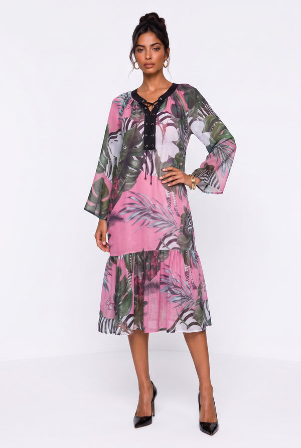 Lace-Up Neck Tropical Print Ruffle Hem Midi Dress Fuchsia