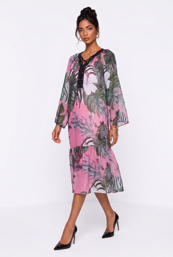 Lace-Up Neck Tropical Print Ruffle Hem Midi Dress Fuchsia