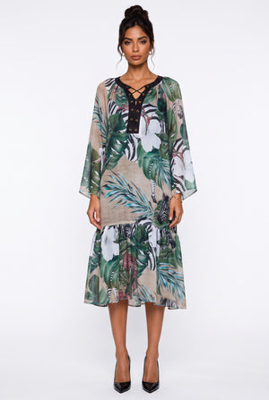 Lace-Up Neck Tropical Print Ruffle Hem Midi Dress Green