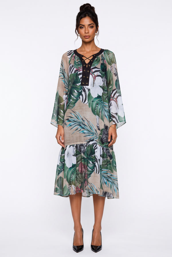Lace-Up Neck Tropical Print Ruffle Hem Midi Dress Green